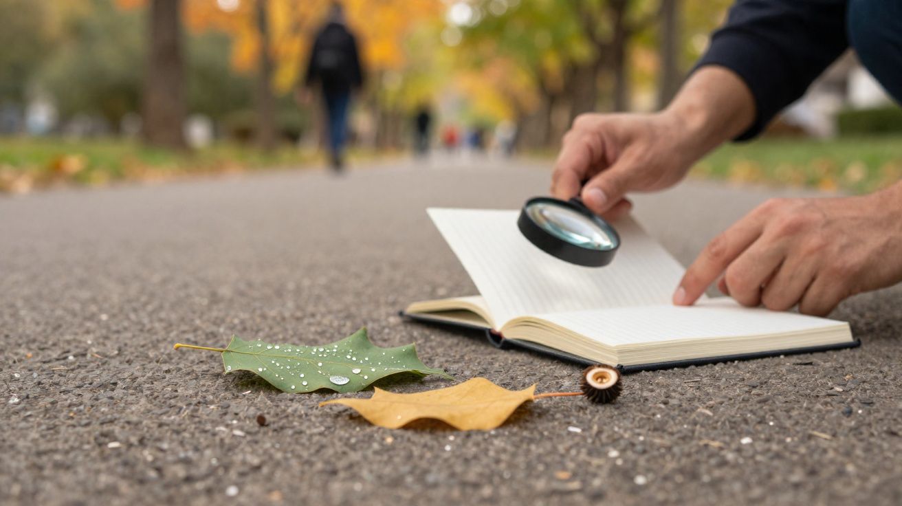 Hands holding a magnifying glass over an open notebook on a path with autumn leaves and water droplets.