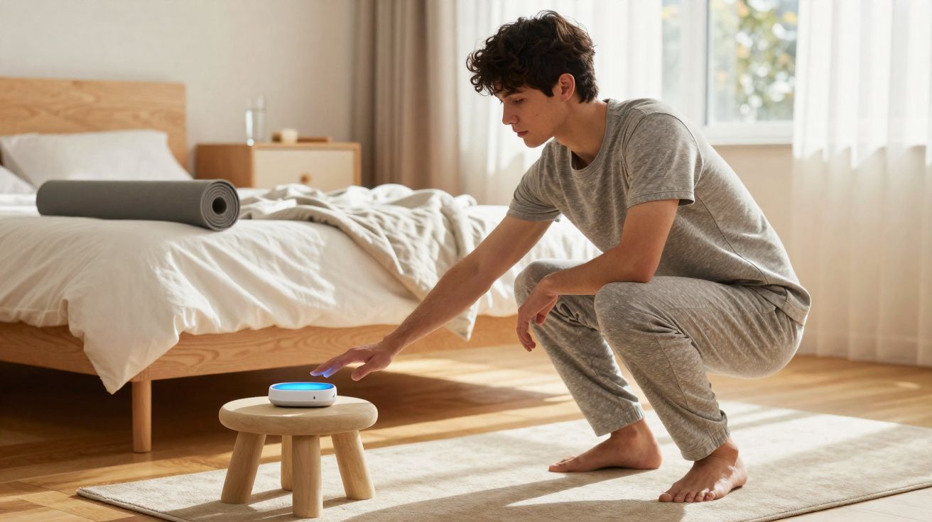Young man in grey loungewear reaching to touch a smart speaker on a wooden stool in a bright bedroom.
