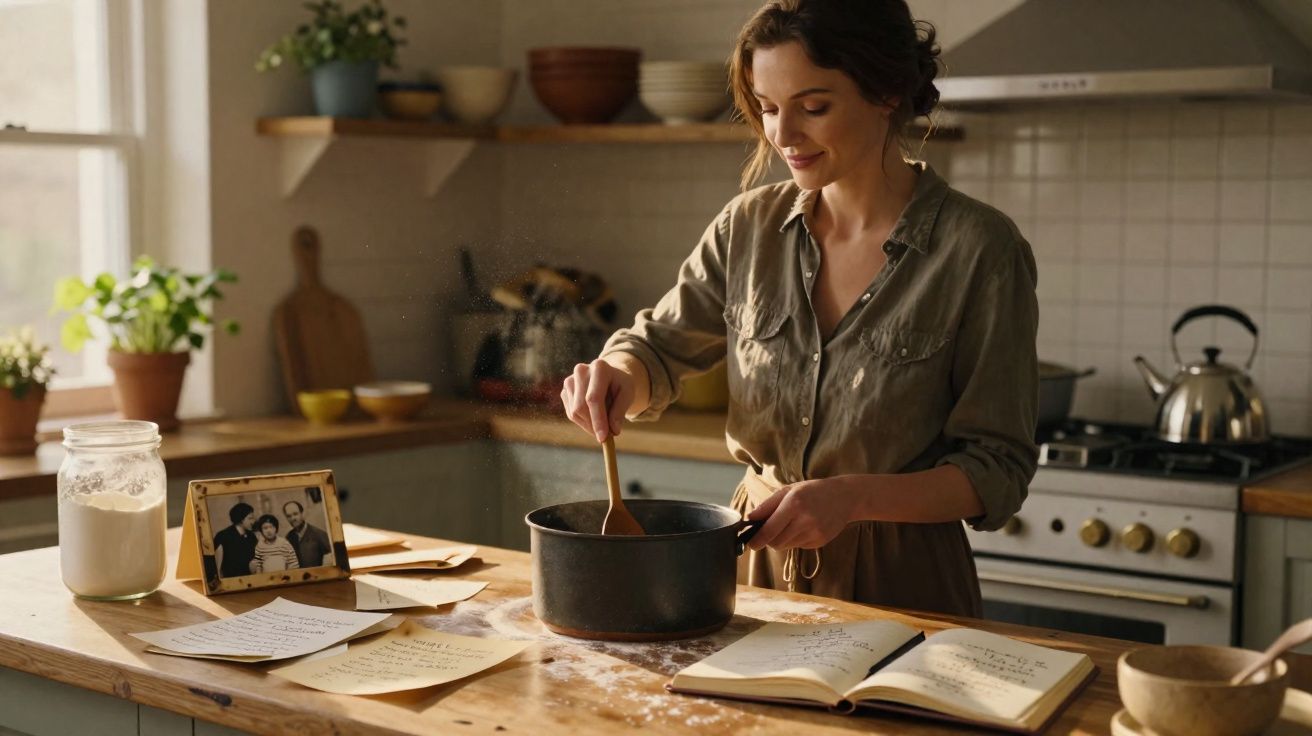 Woman stirring a pot on a kitchen island surrounded by handwritten recipes and flour.