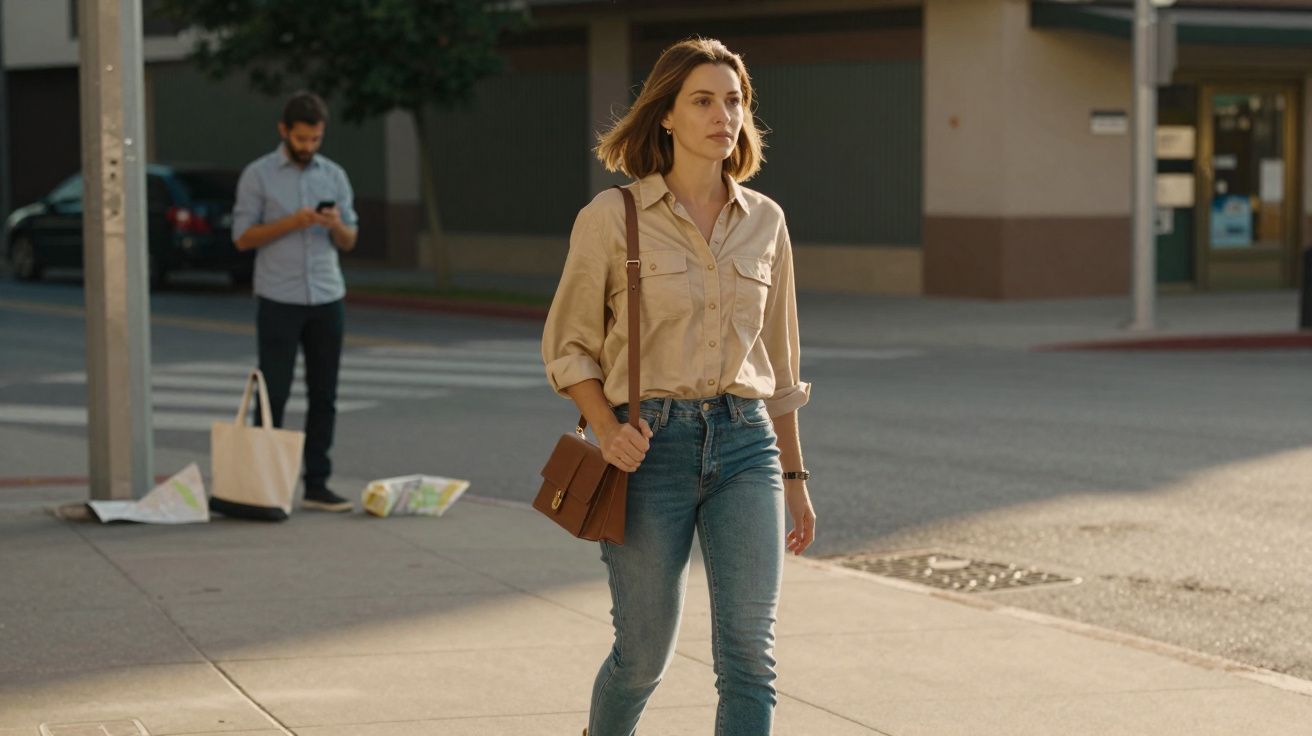 Woman in beige shirt and jeans walking on a city sidewalk with a brown shoulder bag in daylight.
