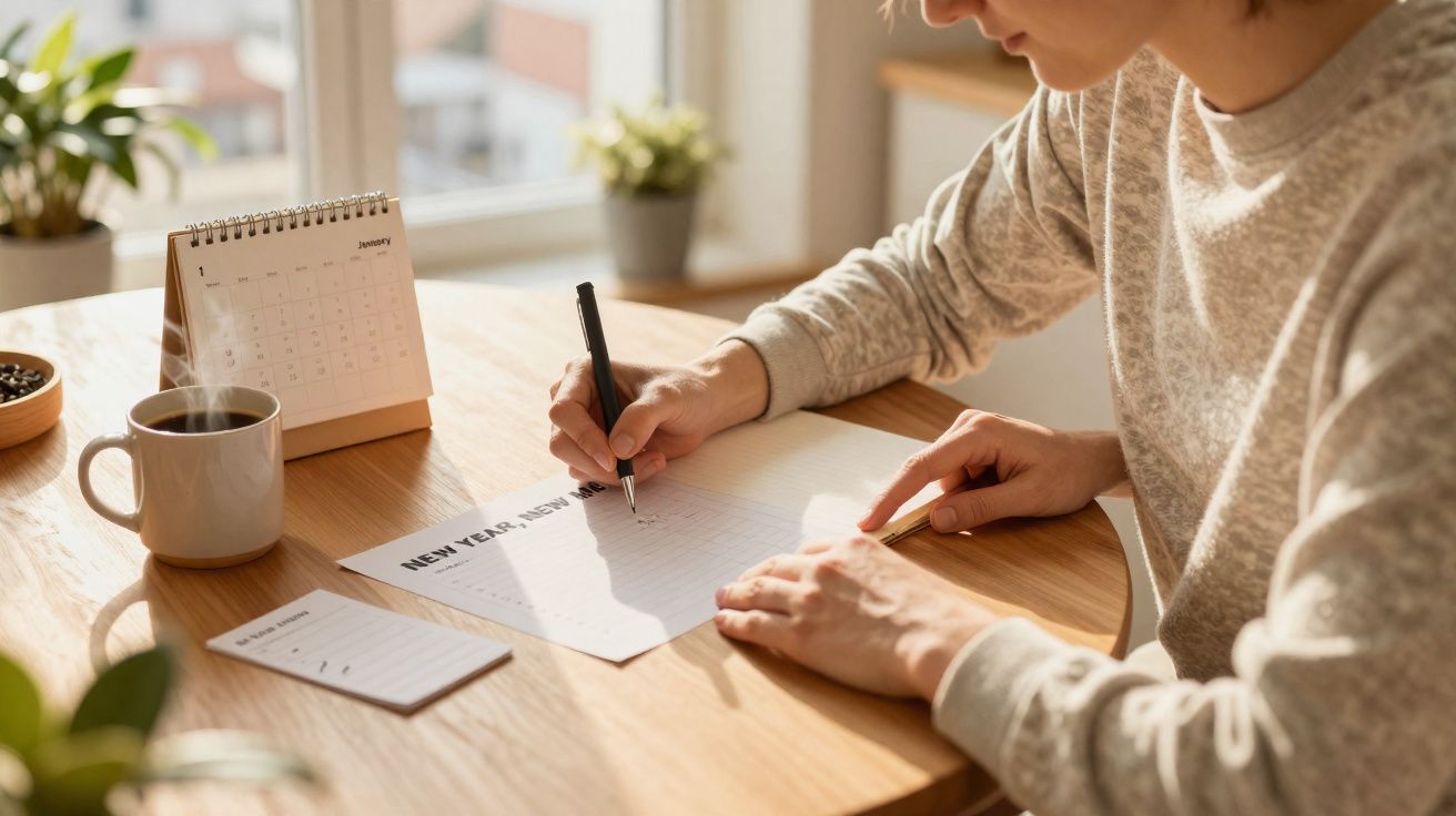 Person writing New Year resolutions on paper at a sunlit wooden table with a calendar and steaming coffee mug.