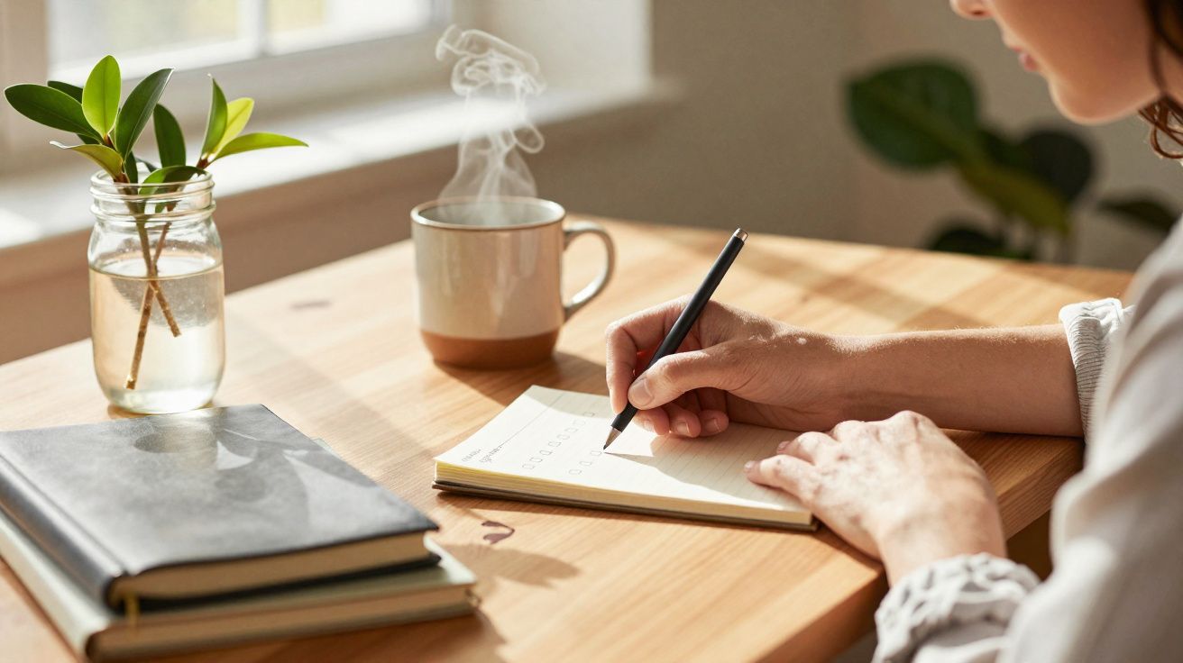 Person writing notes at a wooden table with a steaming mug, glass jar with green plant, and stacked notebooks.