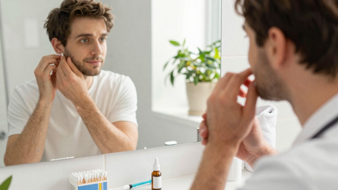 Man wearing a white t-shirt putting in a hearing aid while looking at himself in a bathroom mirror.