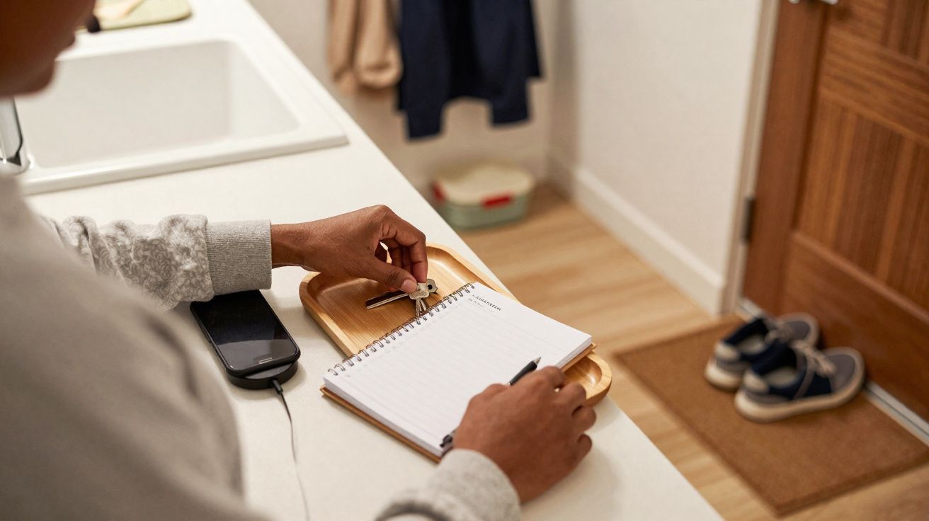 Person placing keys on a tray next to a notepad and phone on a kitchen countertop near the front door.