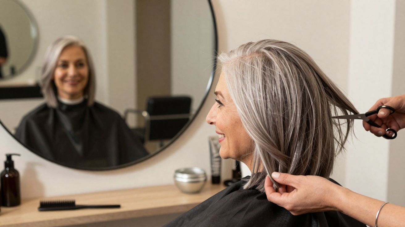 Older woman with grey hair smiling while getting a haircut in a salon, reflected in a round mirror.