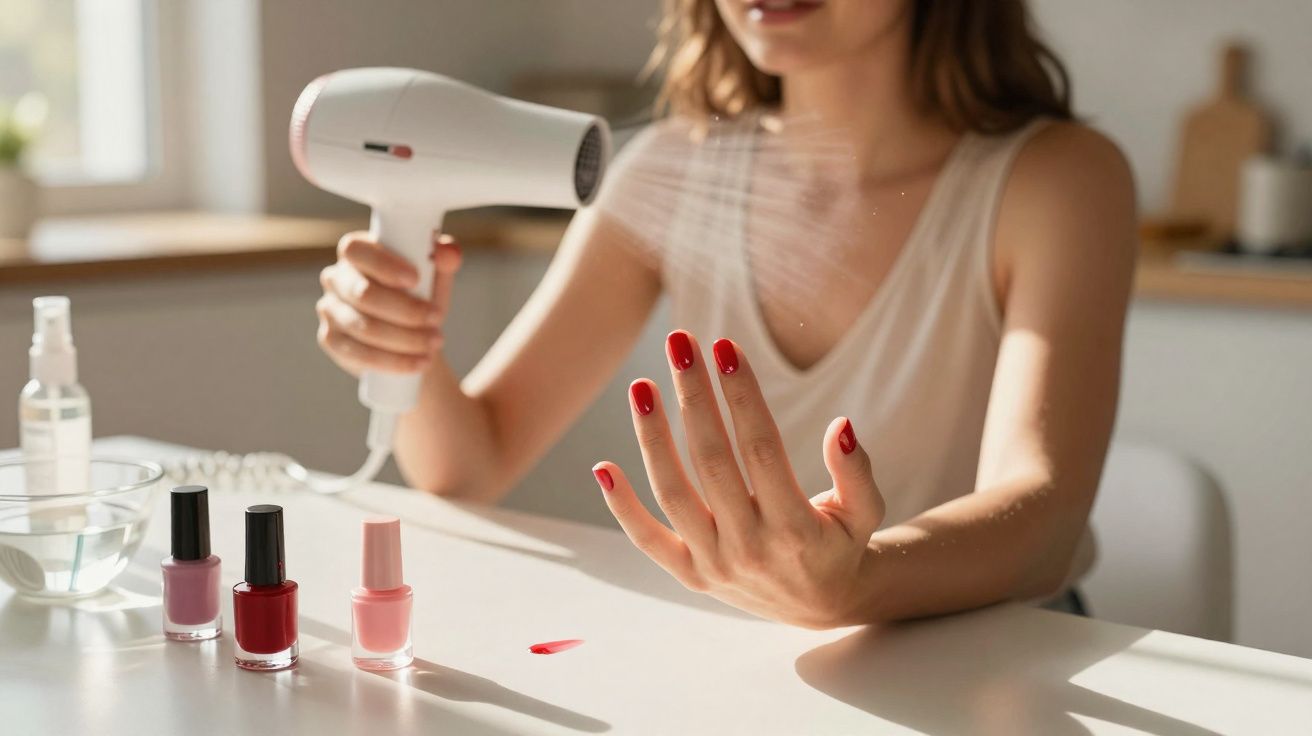 Woman drying freshly painted red fingernails with a white hairdryer at a bright table with nail polish bottles.