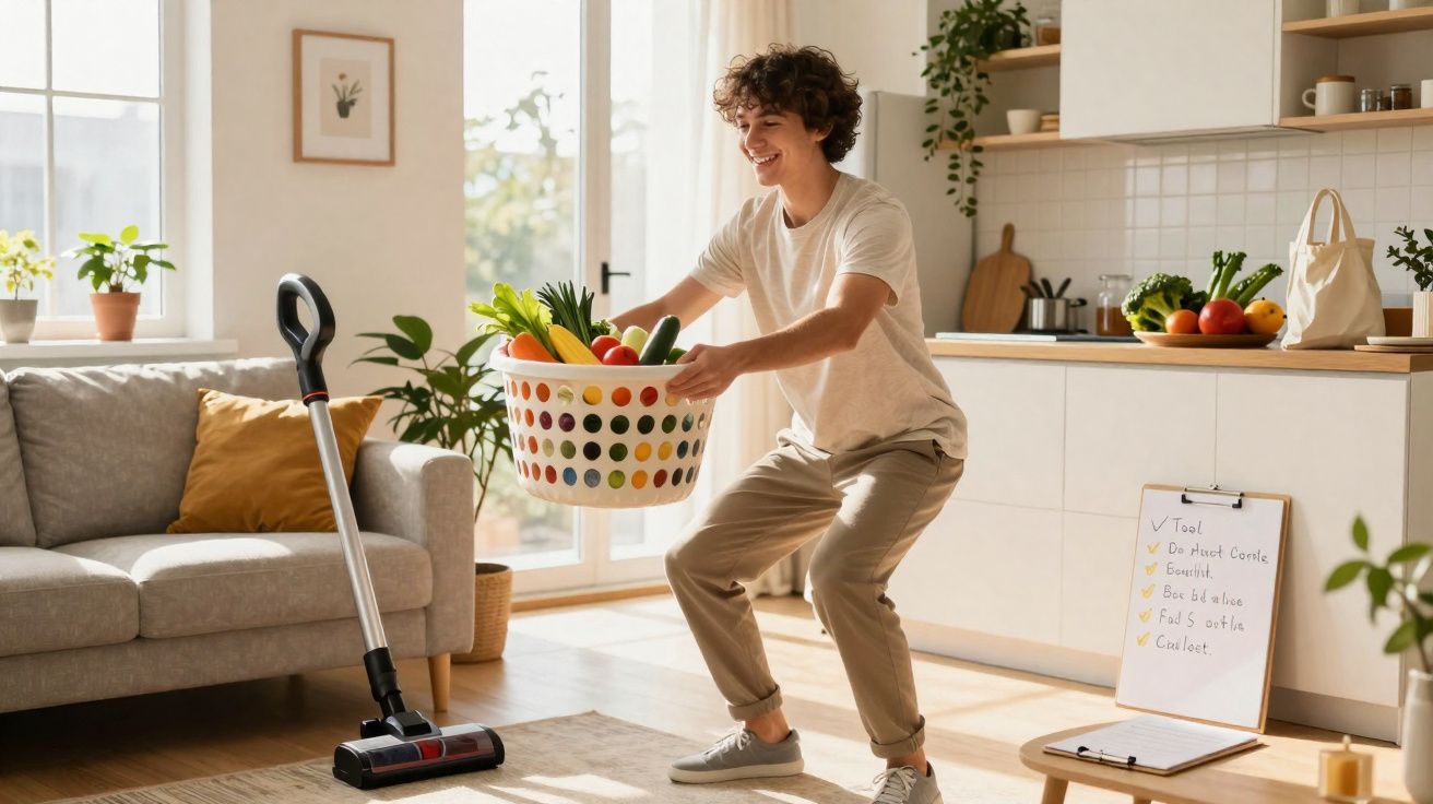 Young man lifting laundry basket full of fresh vegetables in a bright, modern kitchen-living room space.