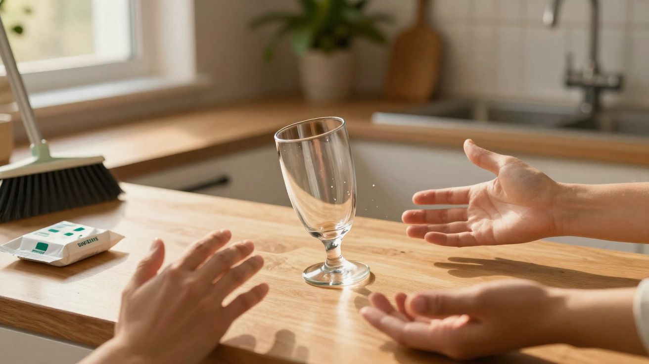 Two hands reaching for a tilted empty glass on a wooden kitchen counter with cleaning items nearby.