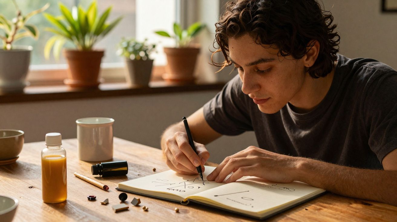 Young man concentrating while writing in notebook at wooden table with plants and bottles nearby