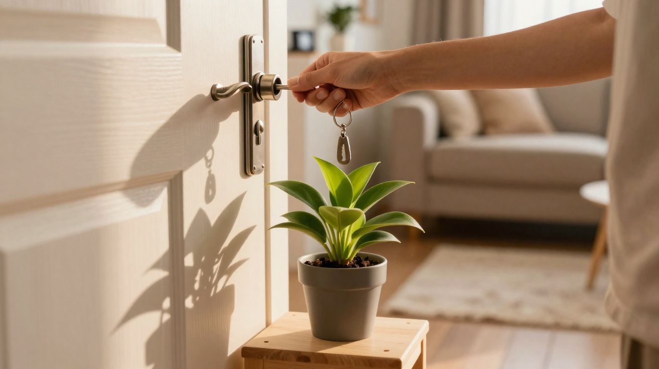 Hand holding key unlocking a door with a potted plant and sofa visible inside a bright room.