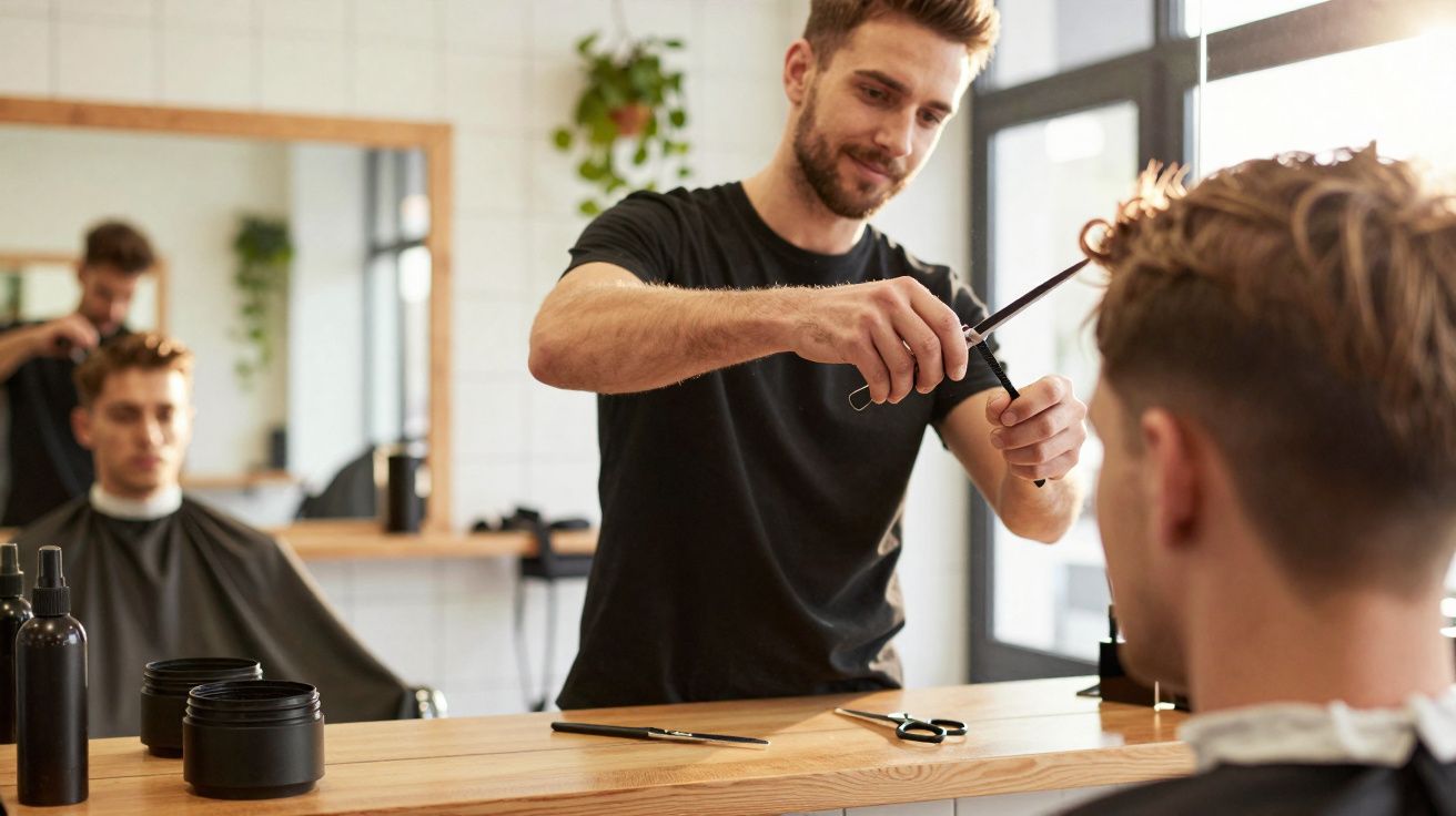 Hairdresser cutting a young man's hair in a modern salon with styling products on the counter.