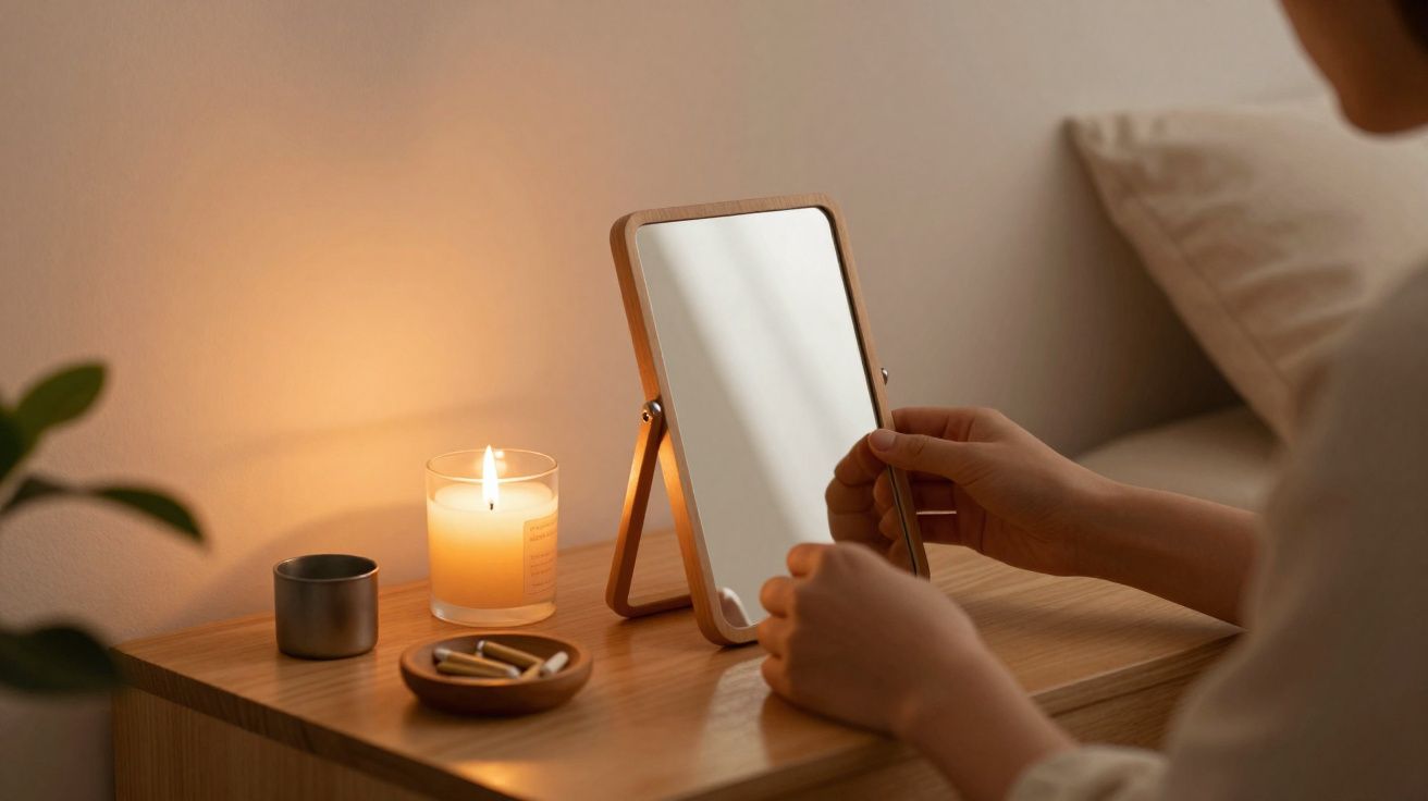 Person adjusting a small wooden framed mirror on a bedside table with a lit candle and ashtray.