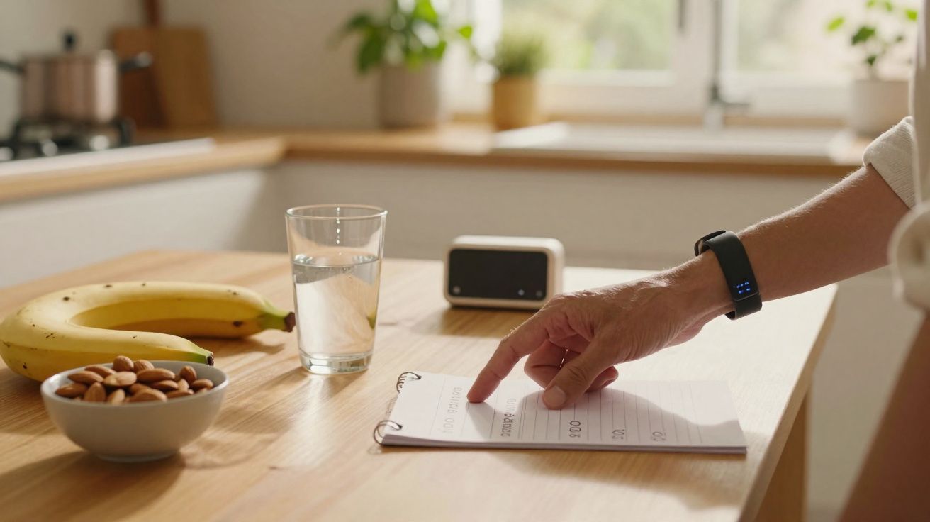 Person wearing a fitness tracker pointing at a daily planner on a wooden table with bananas, almonds, and a glass of water ne