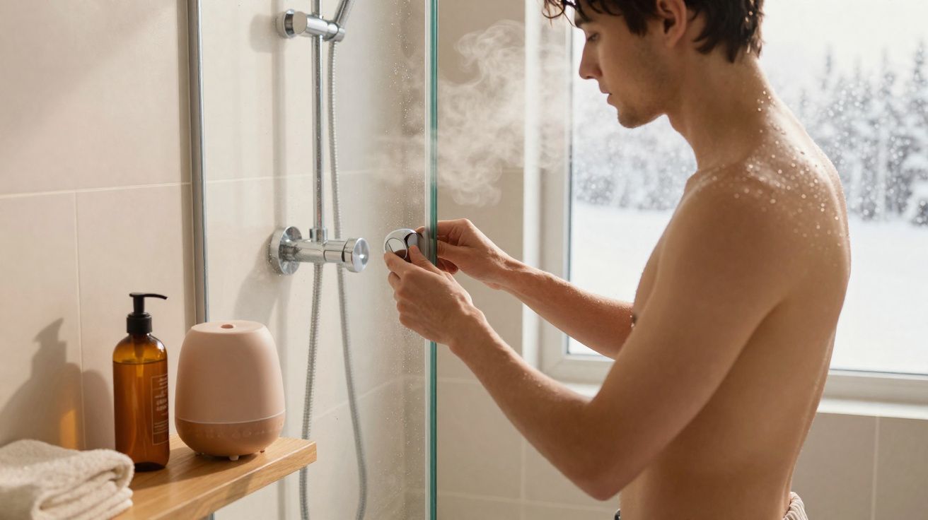 Young man adjusting shower control in steamy bathroom with snowy window outside.