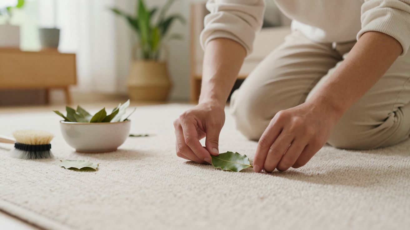 Person removing green leaves from a light carpet using their hands with a brush and bowl nearby.