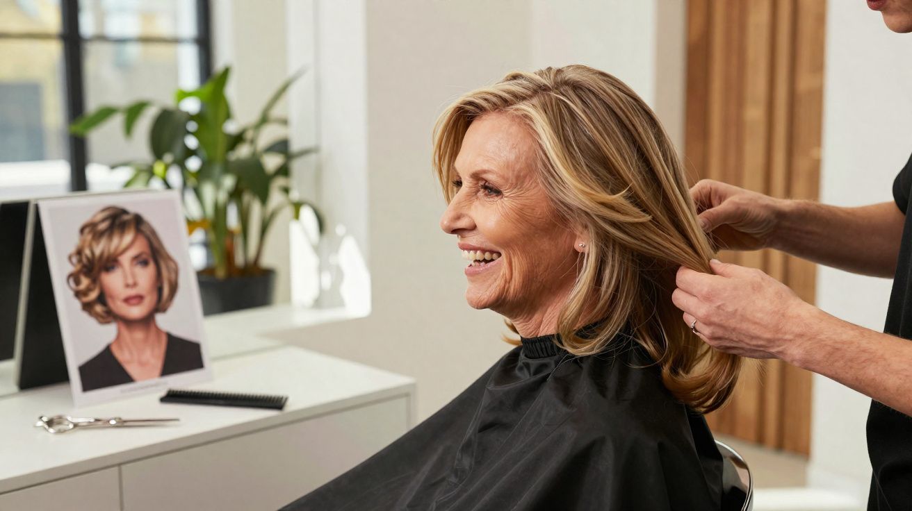 Older woman smiling while a hairdresser styles her shoulder-length blonde hair in a salon chair.