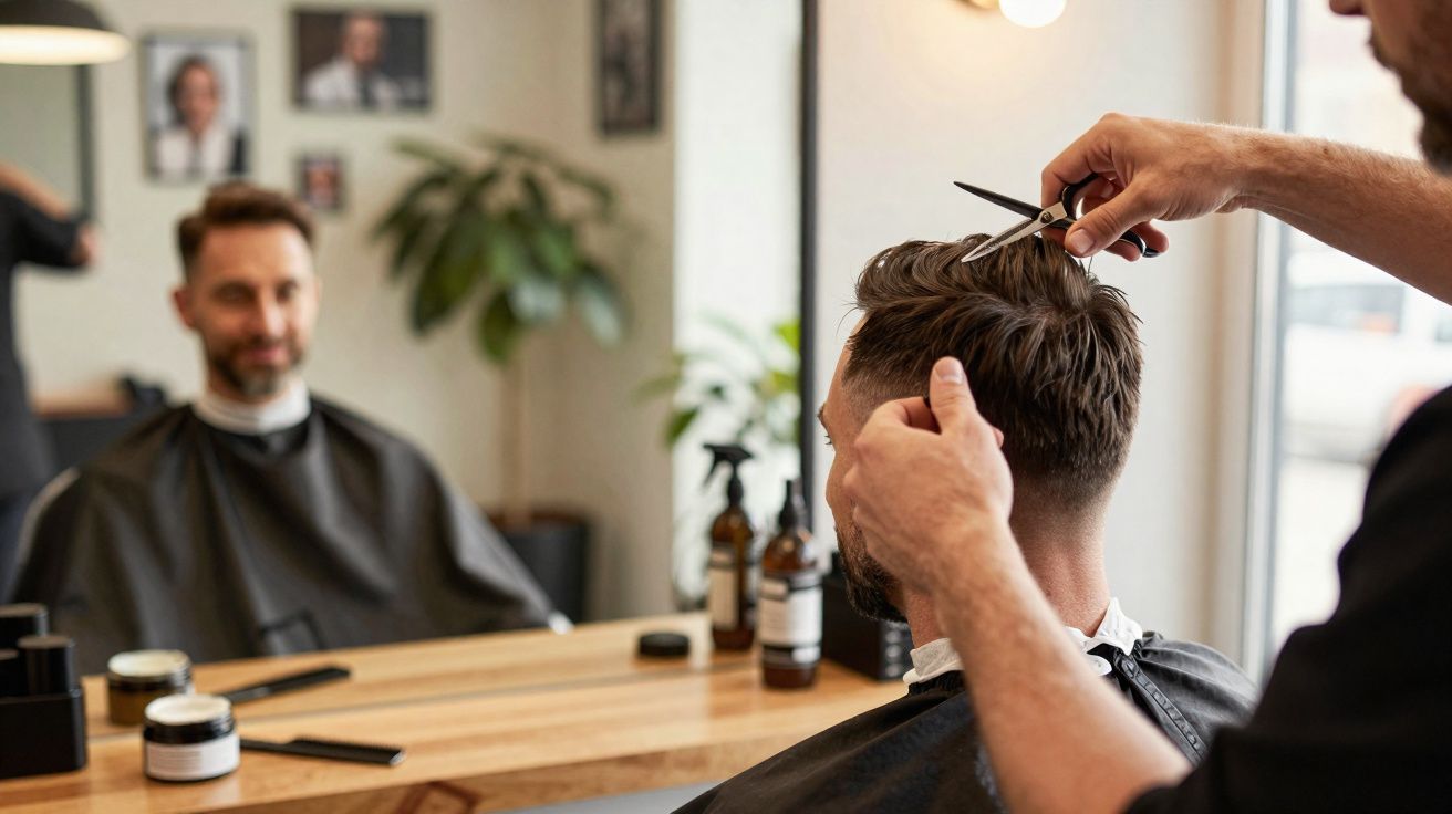 Male barber cutting hair of a male client inside a modern barbershop with mirror and grooming products.