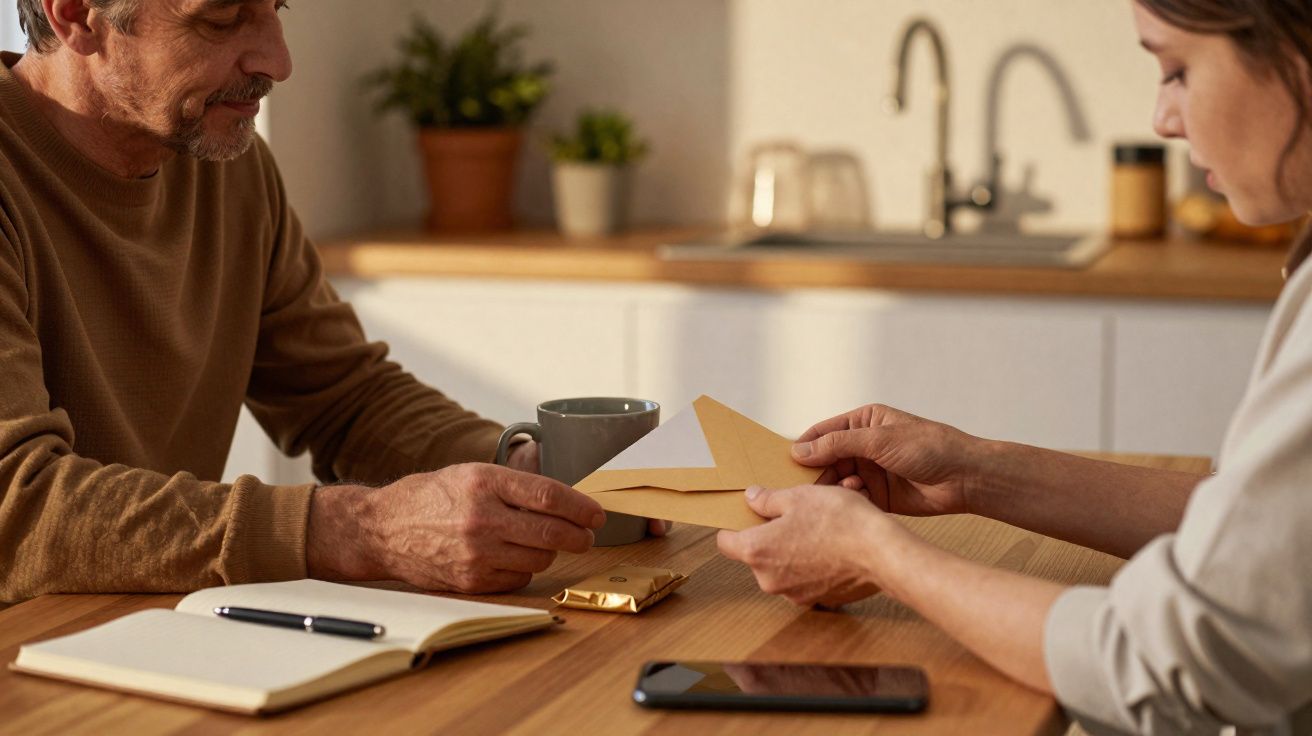 Two people exchanging envelopes at a wooden kitchen table with a notebook, phone, and coffee mug nearby.