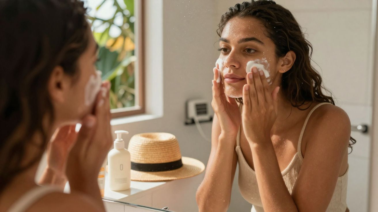 Young woman applying facial cleanser in front of bathroom mirror with hat and lotion bottle nearby