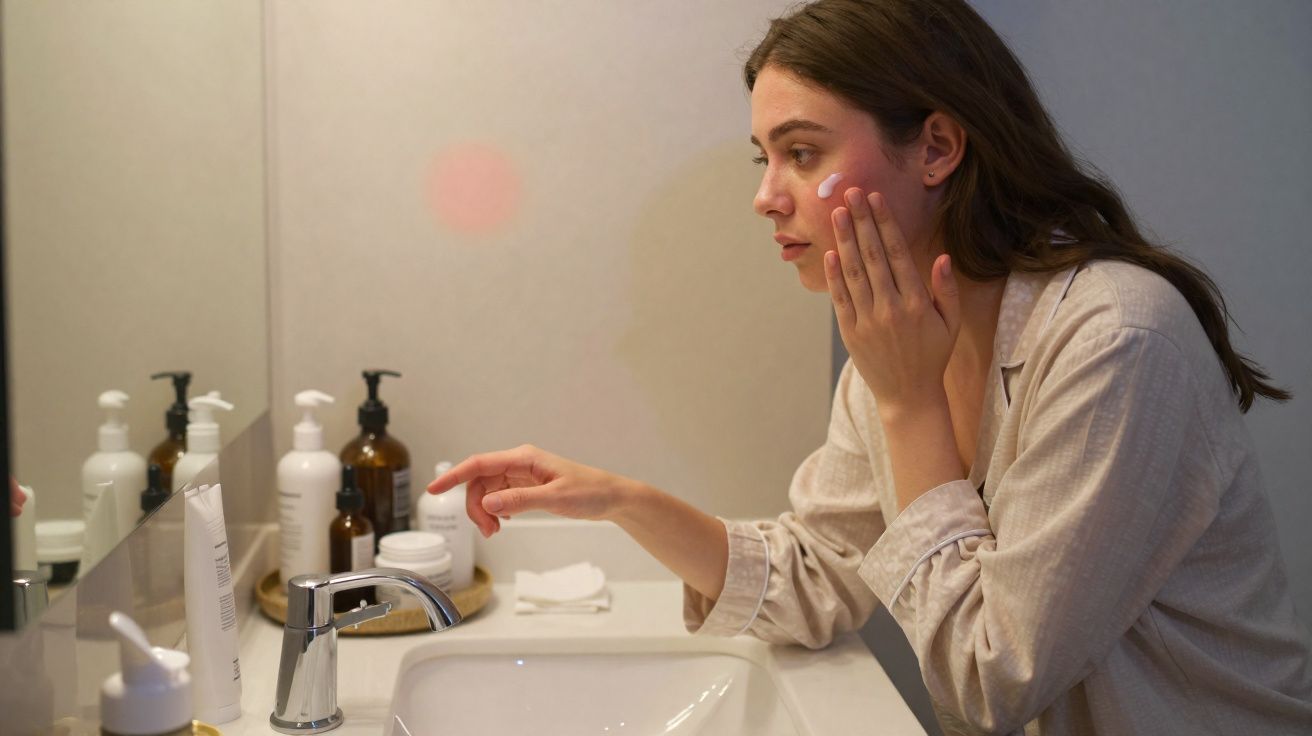 Young woman applying cream to her face in front of a bathroom mirror with skincare products on the counter.
