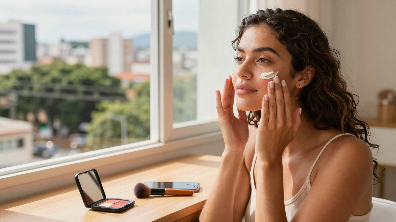 Woman applying cream to her face by a bright window with makeup items on the wooden table.