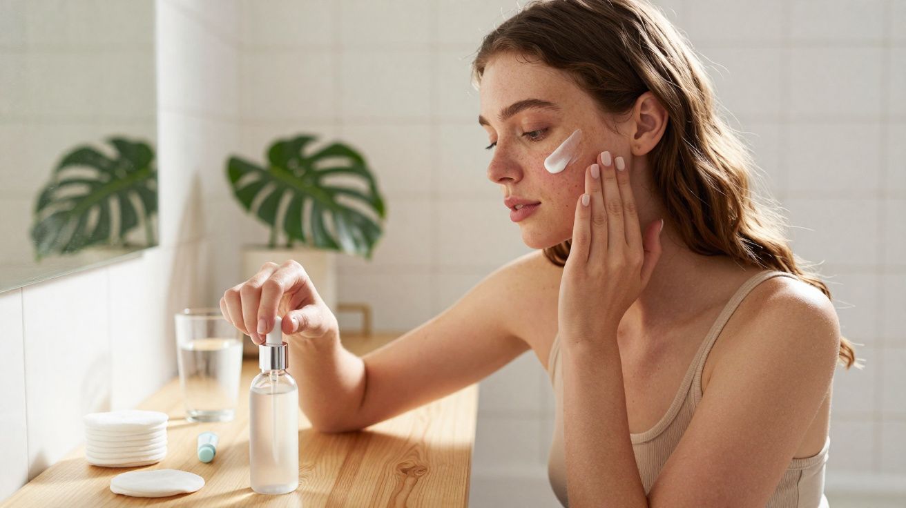 Young woman applying cream on her cheek while holding a skincare bottle in a bright bathroom.