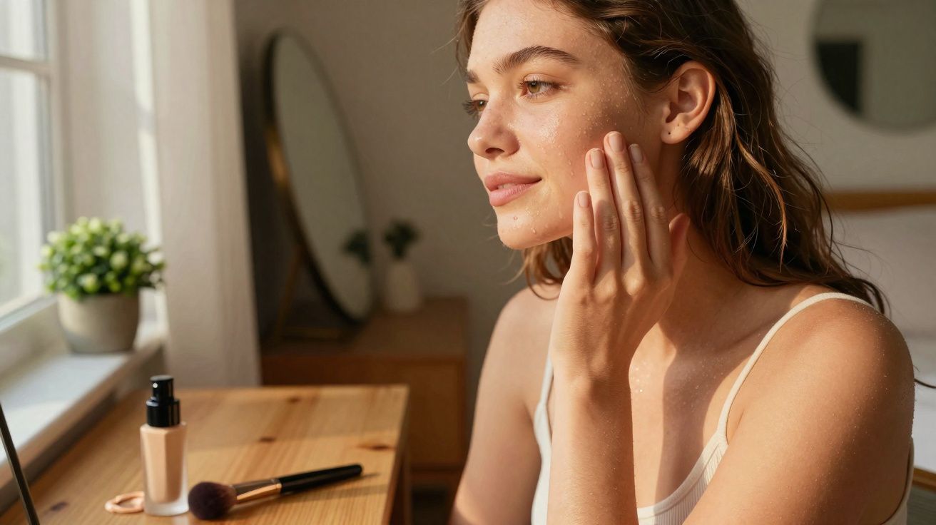 Young woman applying foundation to her face in a sunlit bedroom with makeup on a wooden table.