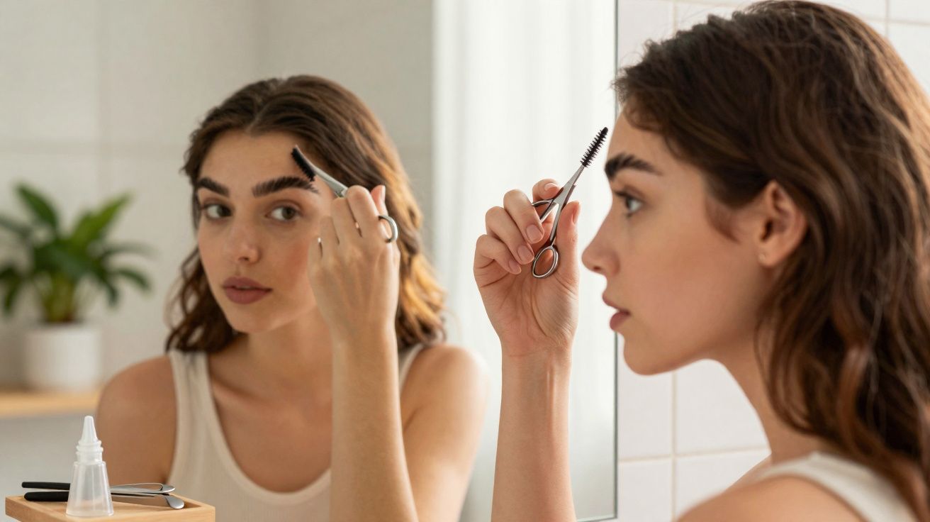 Young woman grooming eyebrows with scissors and spoolie brush in front of a bathroom mirror.