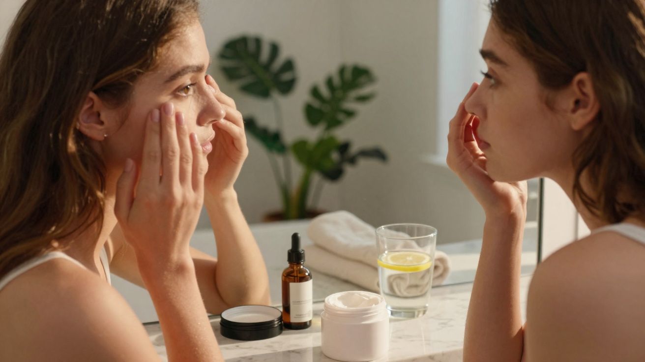 Woman applying skincare cream to her face in front of a mirror with skincare products and a glass of water nearby.