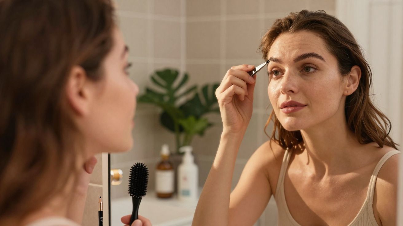 Woman using tweezers to groom her eyebrows while looking in a bathroom mirror.