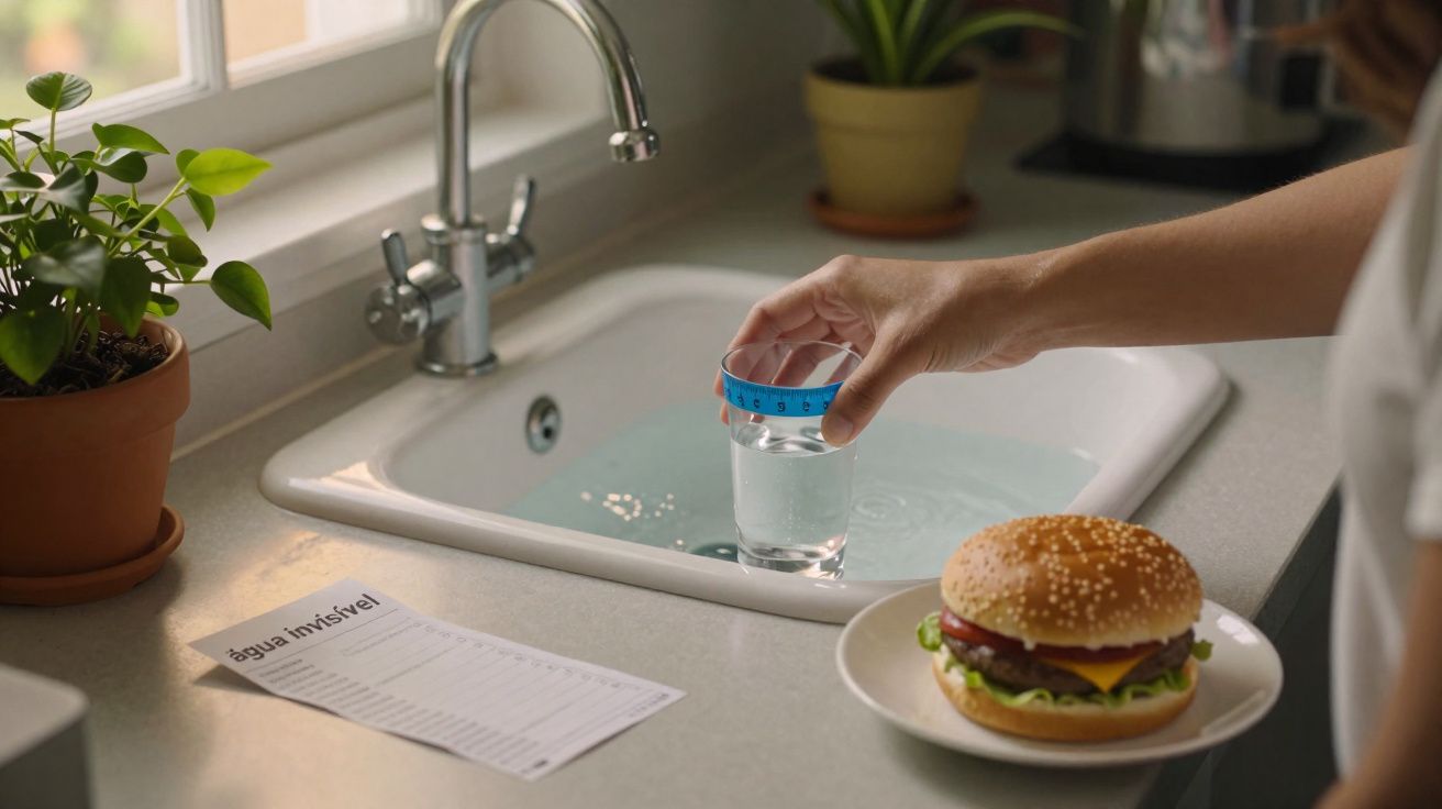 Person holding a glass of water with a blue lid near a kitchen sink, plant pots, a burger, and a paper on the counter.
