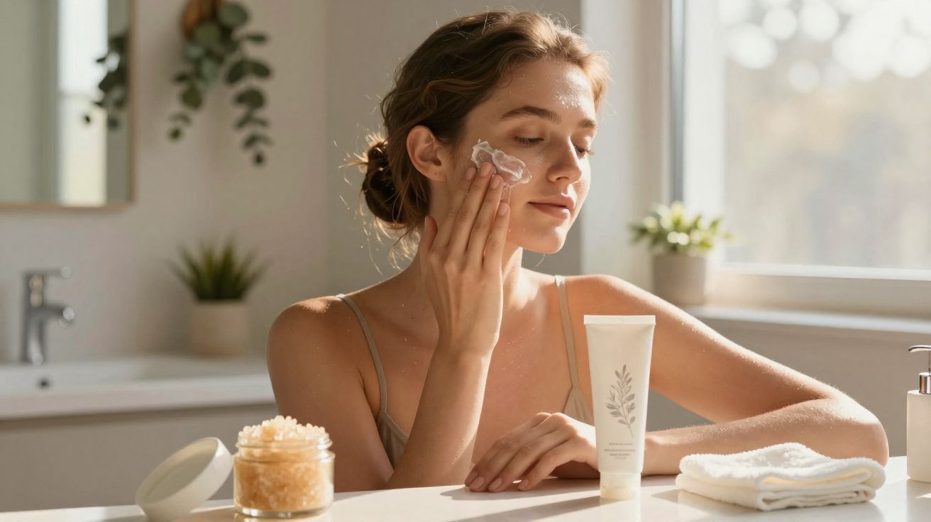 Woman applying face cream in bright bathroom with skincare products and towels on counter.