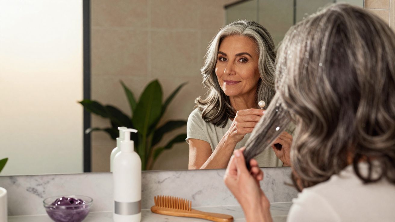 Mature woman with grey hair smiles as she applies hair treatment in front of a bathroom mirror.