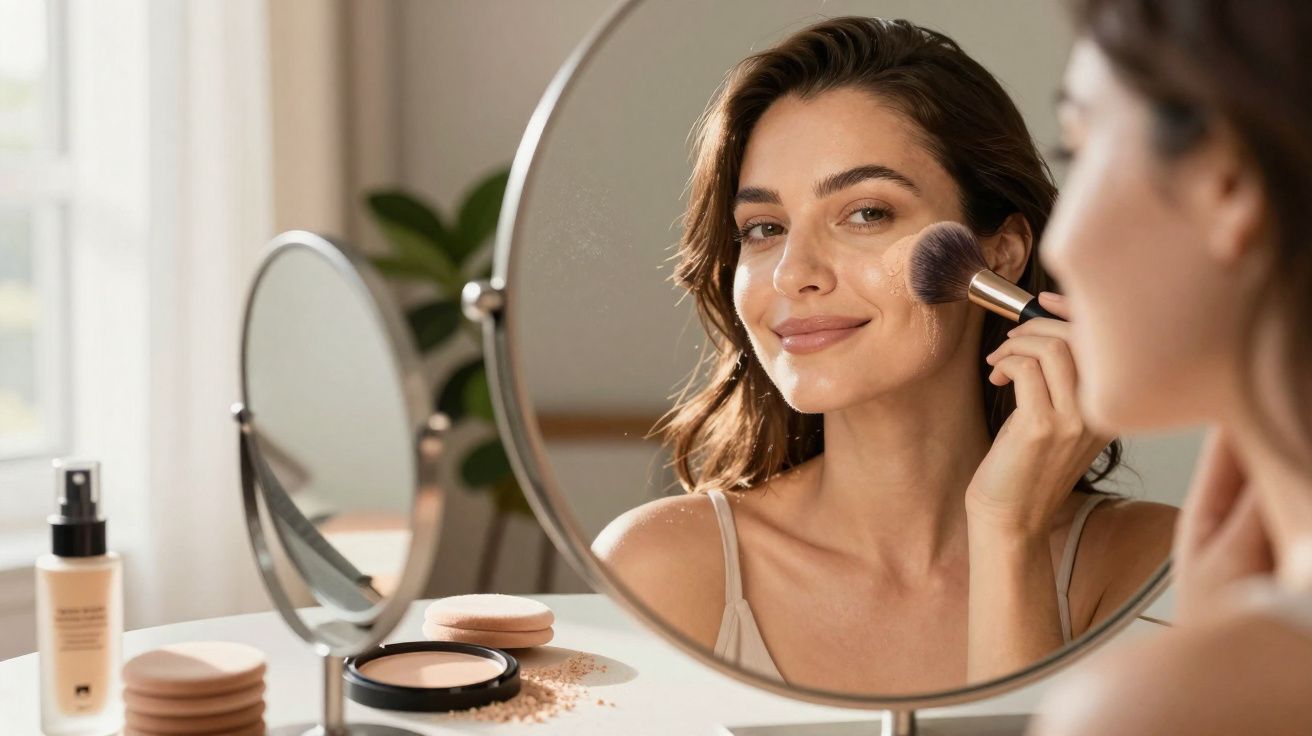 Woman applying makeup with a brush in front of a round mirror on a vanity table.