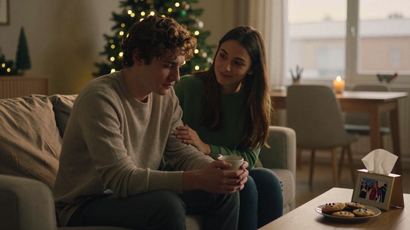 A woman comforts a man holding a cup on a sofa with a Christmas tree and cookies in the background.