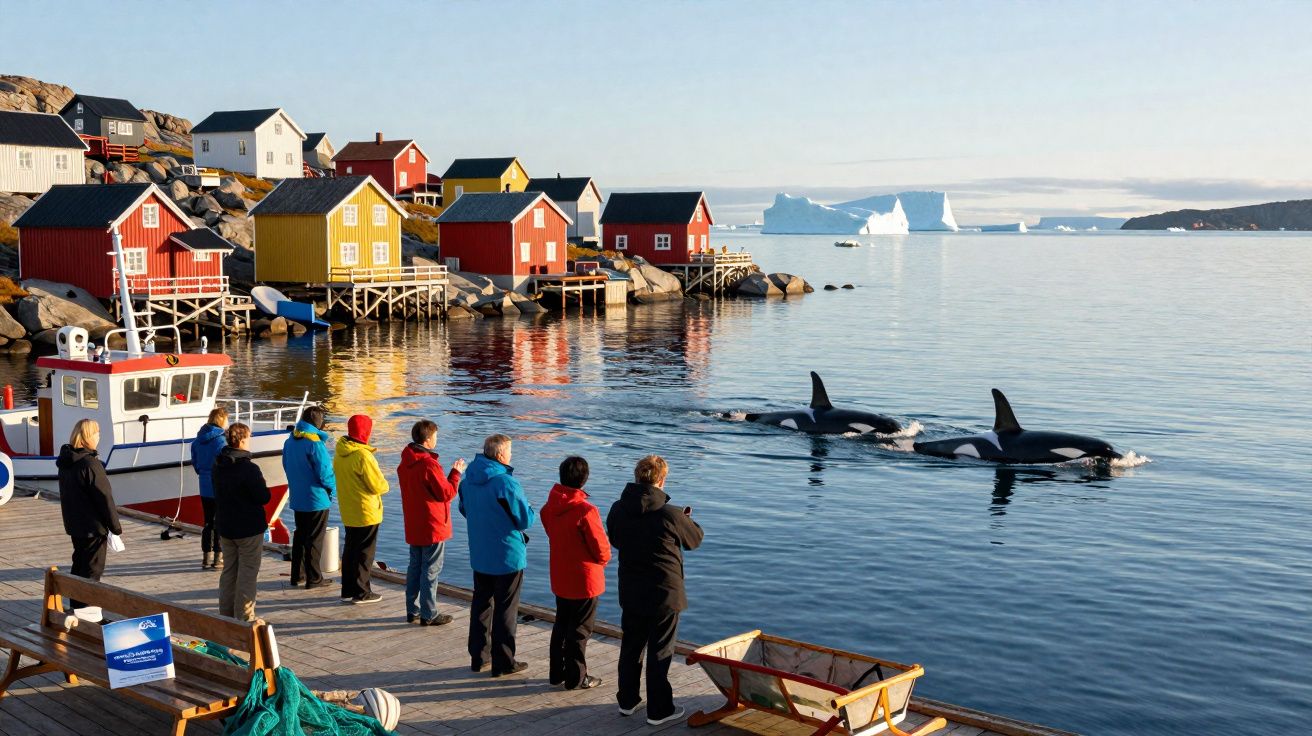 People in colourful jackets watch three orcas swimming near a harbour with red and yellow houses and icebergs in the distance