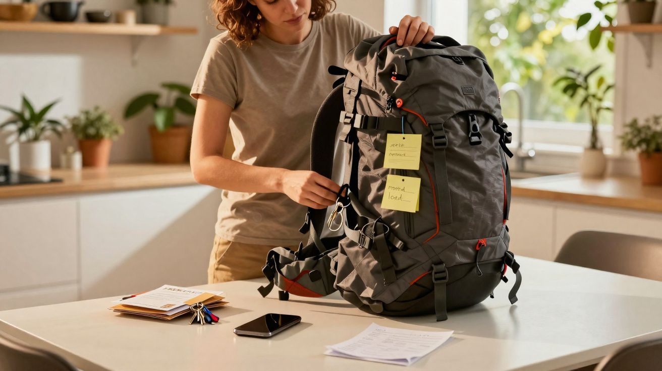 Person packing a large grey hiking backpack on a kitchen table with phone, documents, and keys nearby.