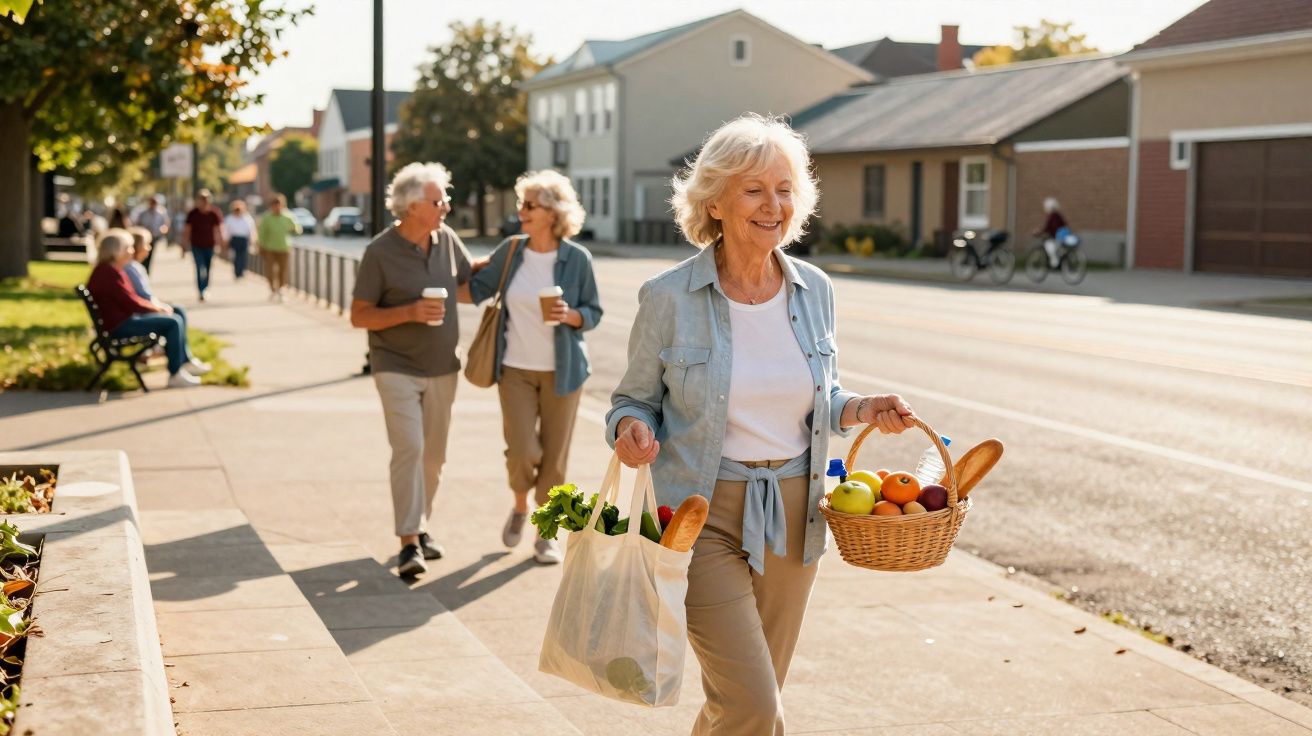 Elderly woman happily walking with grocery bags including fruit and bread on a sunny town street.