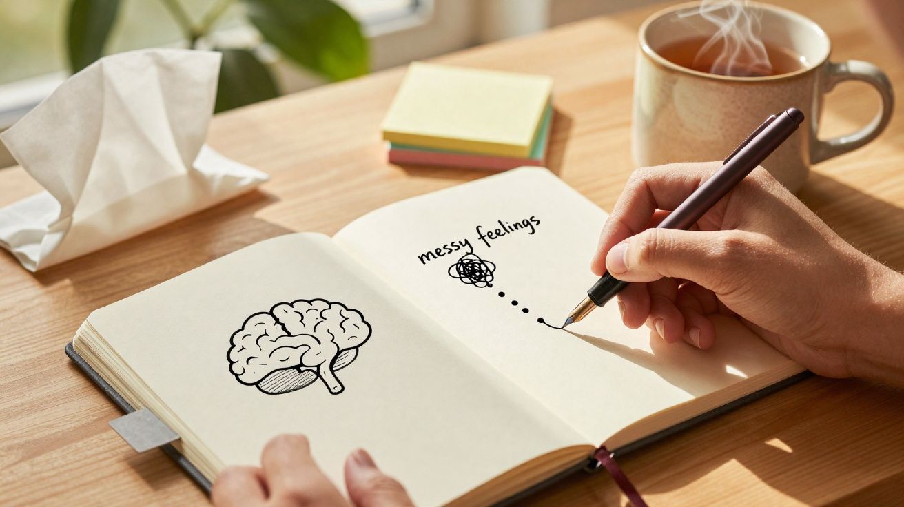Person writing in a notebook with brain drawing and "messy feelings" text, tea cup, tissues, and sticky notes nearby.