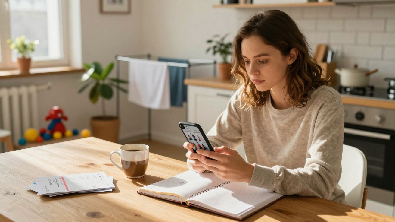 Young woman sitting at kitchen table using smartphone with open notebook and coffee mug nearby.