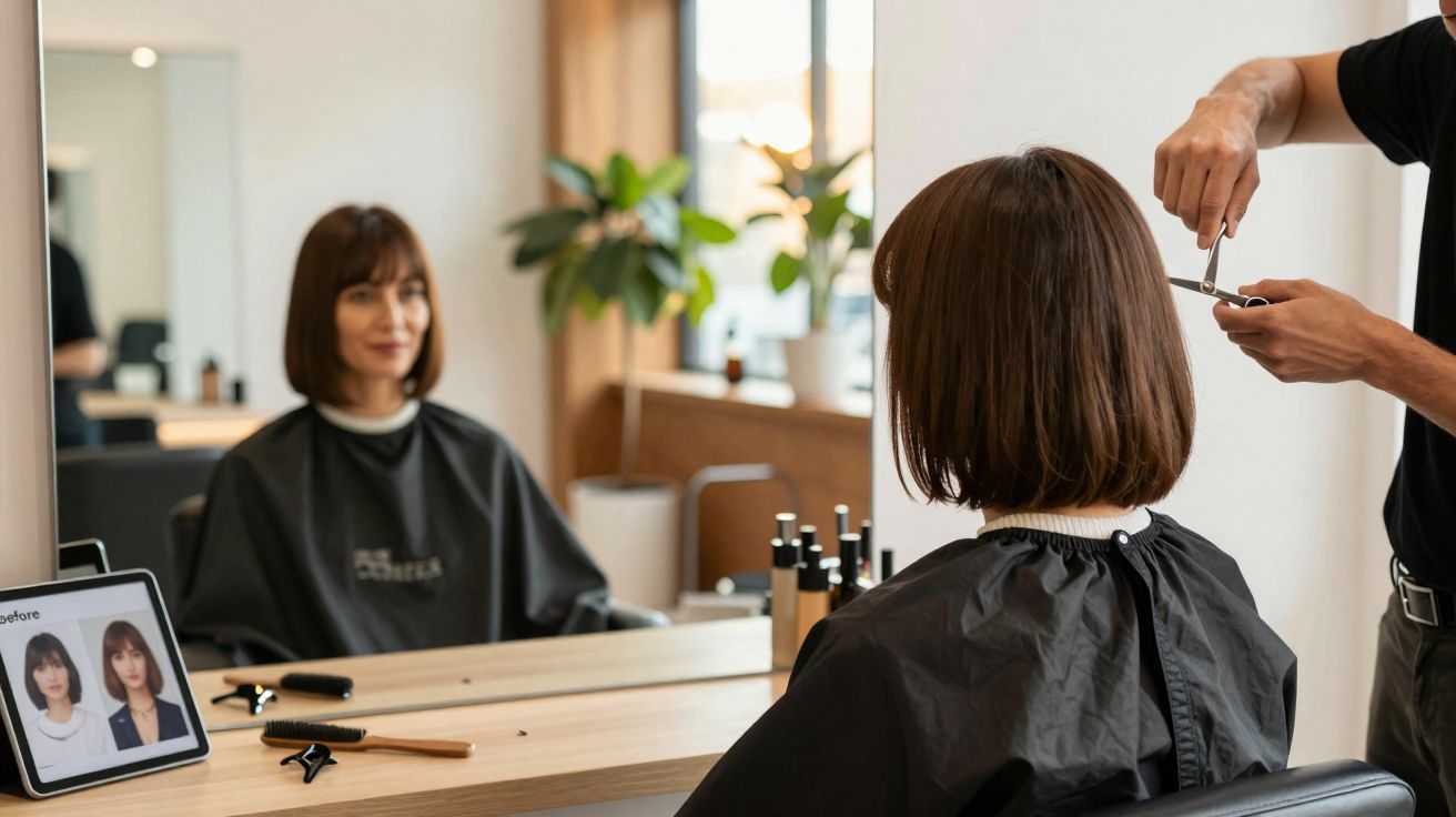 Woman with brown bob haircut getting a trim from a hairdresser in a modern salon with before-and-after photos displayed.