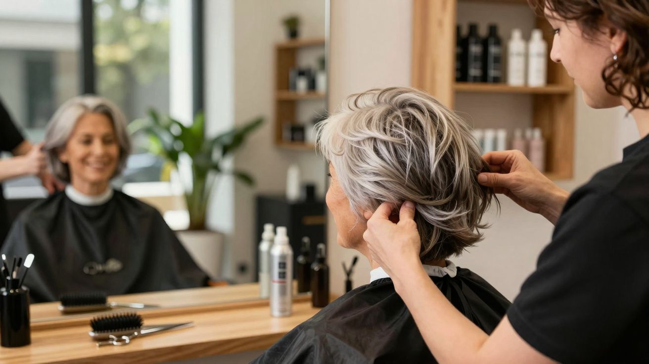 Hairdresser styling an older woman's short grey hair in a modern salon with products on shelves in the background.
