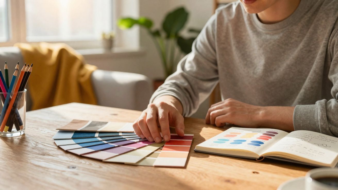 Person choosing paint colours from a colour swatch fan on a wooden table with a colour chart notebook.