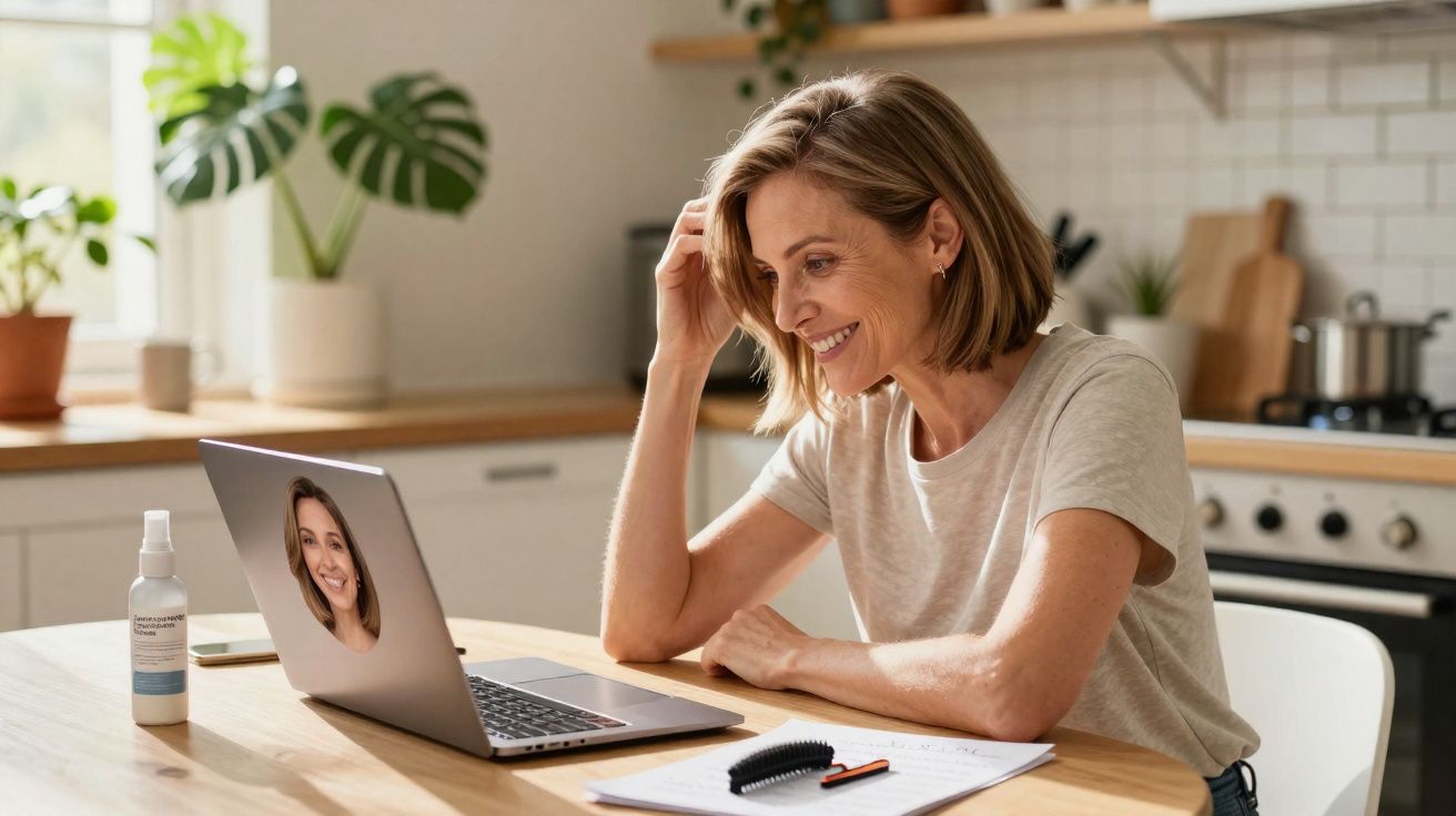 Woman smiling during a video call on a laptop in a bright modern kitchen sitting at a wooden table.