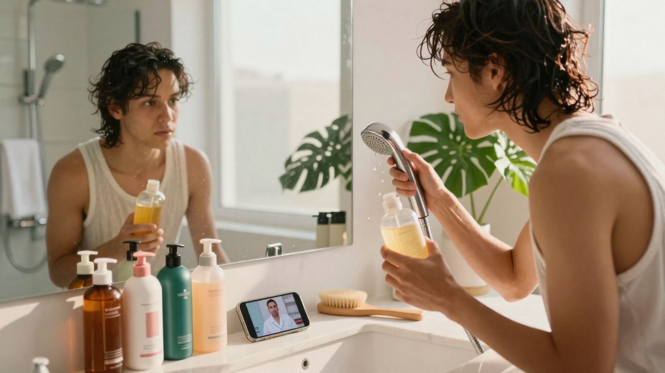 Young person in bathroom holding shower head and bottle, watching video on a smartphone by the sink.