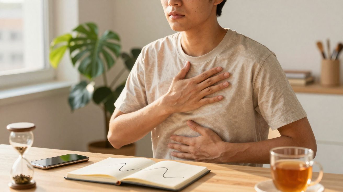 Person sitting at a table, holding chest and stomach, appearing to have discomfort or pain.