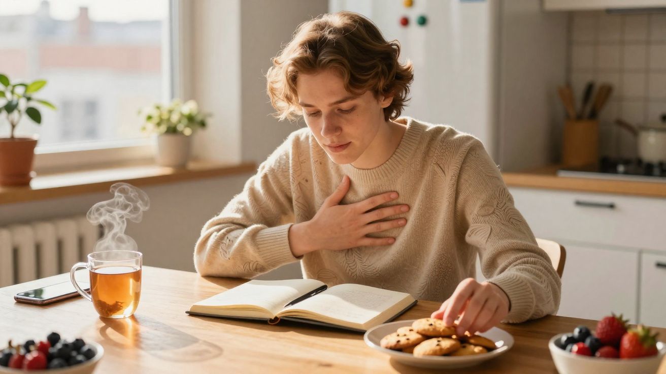 Young person reading a book at a kitchen table reaching for a cookie with a steaming cup of tea nearby.