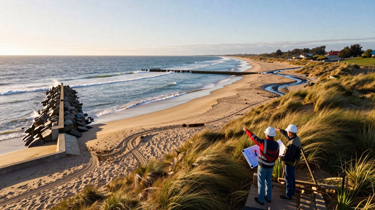 Two engineers in helmets reviewing plans on a grassy dune overlooking a sandy beach and sea defences at sunset.