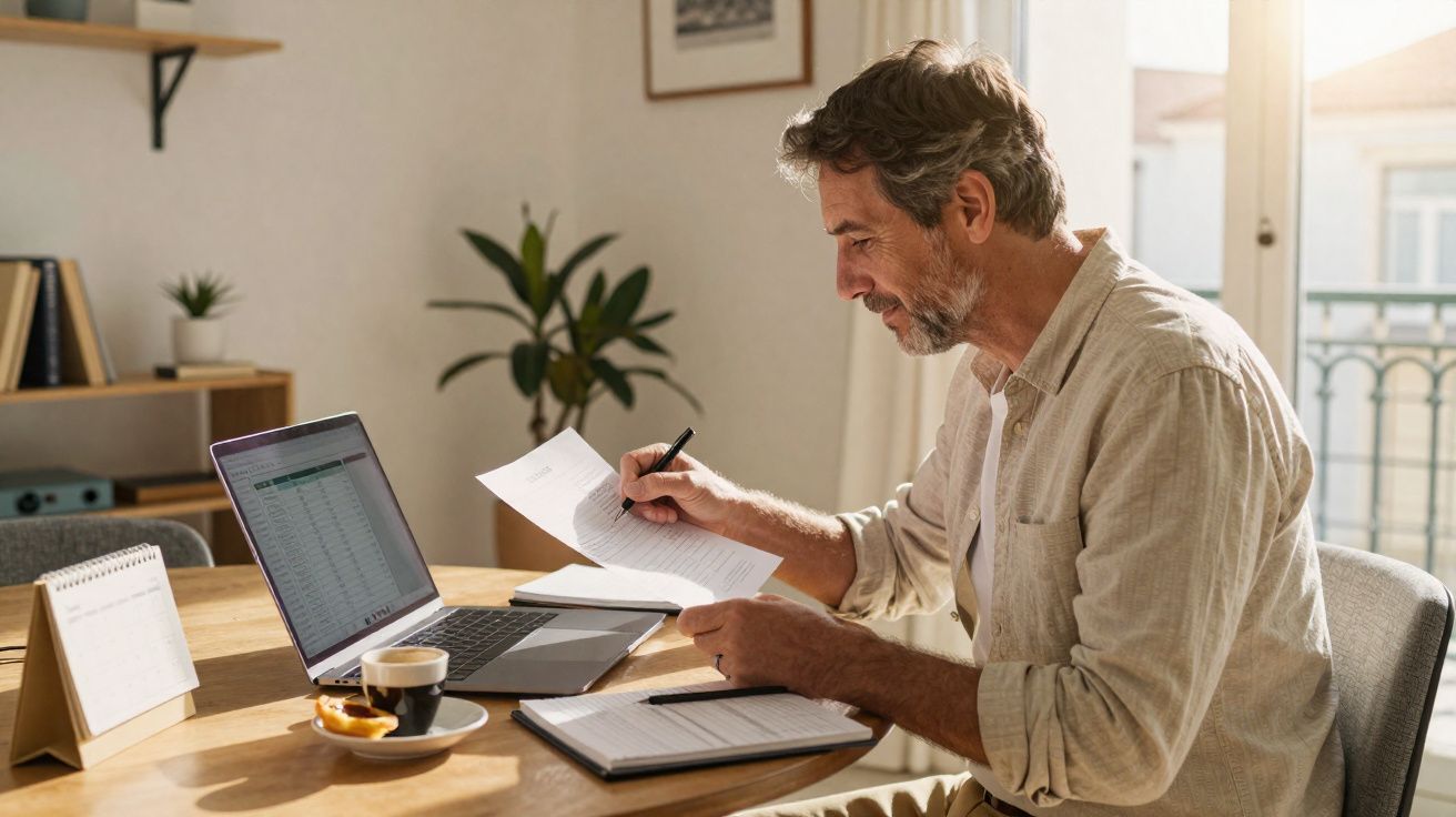 Middle-aged man working on paperwork with laptop and coffee at a sunlit home office table