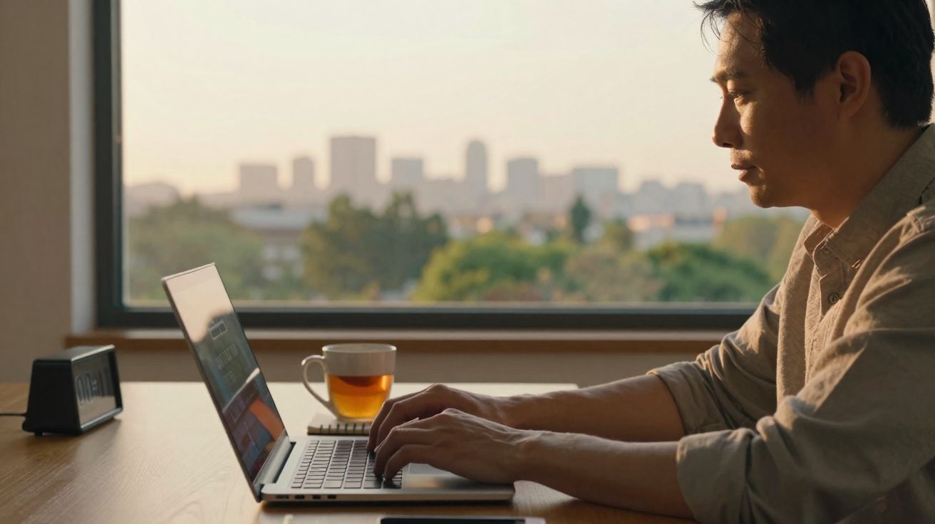 Man working on a laptop at a table with a cup of tea, window showing a city skyline in the background.